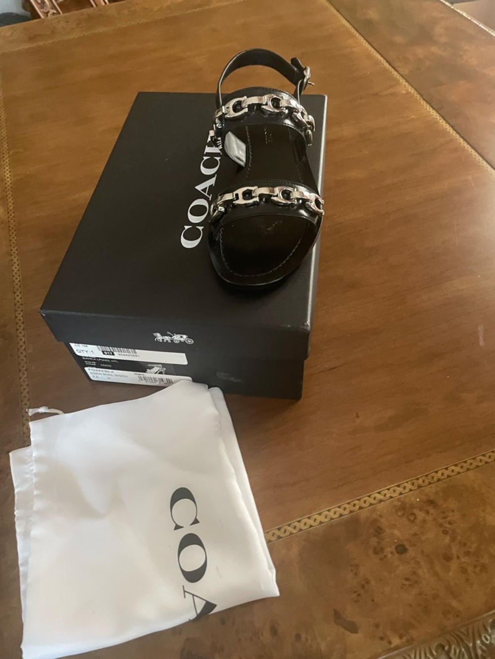 Coach Black Leather Sandal with Silver Chain Detail - Picture 6 of 10